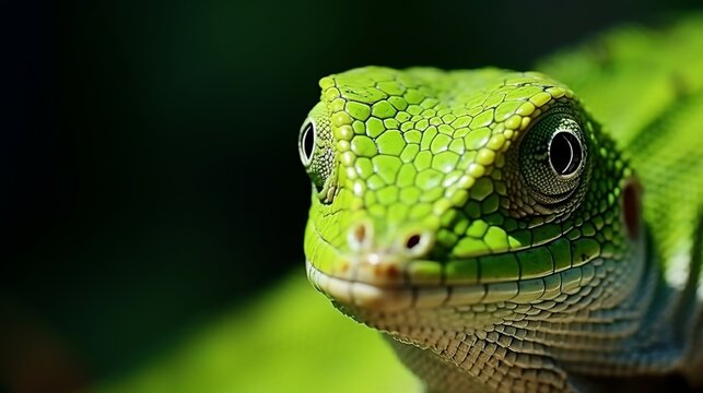 Green lizard. Beautiful animal in the nature habitat.  detail eye portrait exotic tropic animal in green nature habitat, shallow depth of field. grain image