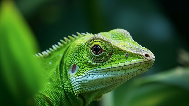 Green lizard. Beautiful animal in the nature habitat.  detail eye portrait exotic tropic animal in green nature habitat, shallow depth of field. grain image