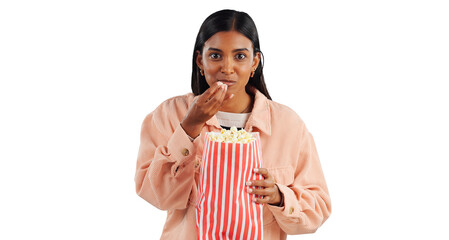 Portrait, popcorn or Indian woman watching movie isolated for cinema with snack or meal to relax....