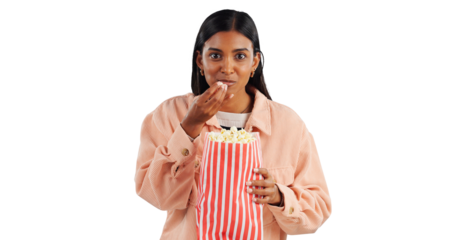 Portrait, popcorn or Indian woman watching movie isolated for cinema with snack or meal to relax. Transparent, bucket or female person eating on png background for streaming film on tv subscription