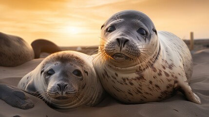 Harbour seals resting on the beach. Early morning at Grenen, Denmark - obrazy, fototapety, plakaty