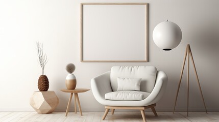Interior design of harmonized living room with mock up poster frame, white boucle armchair, wooden coffee tables, decoration and personal accessories. Cozy home decor. Template.