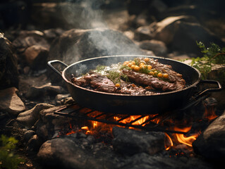 fried pan with meat on an open fire