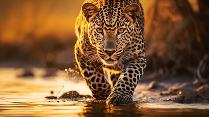 Leopard, Panthera pardus shortidgei, nature habitat, big wild cat in the nature habitat, sunny day on savannah, Khwai River, Moremi Botswana. Wildlife nature. Africa wildlife. Leopard sunset walk.
