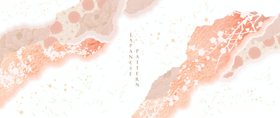 Fototapeta premium Abstract background with pink watercolor painting texture vector. Art acrylic element with Japanese wave pattern with floral element in oriental style. paper craft banner.