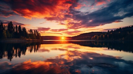 Naklejka premium Majestic sunset of the mountains landscape. Wonderful Nature landscape during sunset. Beautiful colored trees over the Federa lake, glowing in sunlight. wonderful picturesque scene. color in nature