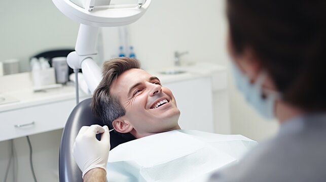 Man undergoes a dental checkup with professional dentist at dental clinic, undergoes a dental checkup with a professional dentist and receives oral care advice. Concept of receiving dental treatment