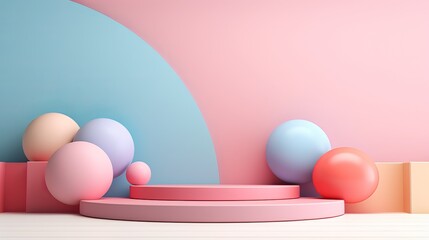 Fototapeta premium Minimal product podium stage with multicolor pastel color balloons in geometric shape for presentation background. Abstract background and decoration scene template. 3D illustration rendering