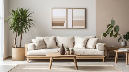 Fototapeta na wymiar Modern interior of open space with design modular sofa, furniture, wooden coffee tables, plaid, pillows, tropical plants and elegant personal accessories in stylish home decor. Neutral living room