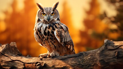 Owl at sunset. Eurasian eagle owl, Bubo bubo, perched on rotten trunk in pine forest. Beautiful owl with orange eyes and tufts. Wildlife autumn nature. Bird in natural habitat. Pine seedlings
