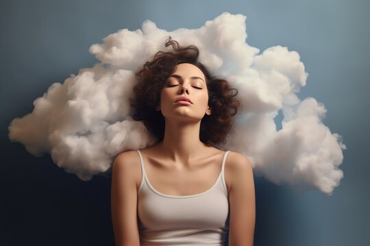 Young woman with her head in cloud. Depression, loneliness and mental health concept. Psychology theme, dreaming, having racing thoughts in mind. Concept of memory loss, dementia