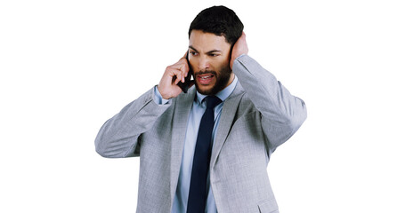 Phone call, business and man confused by bad news, glitch or poor connection on isolated,...