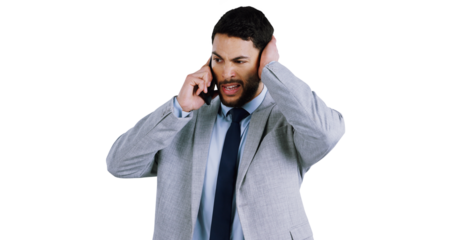 Phone call, business and man confused by bad news, glitch or poor connection on isolated, transparent or png background. Startup, stress and entrepreneur with smartphone fail, disaster or 404 crisis