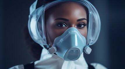 Fototapeta na wymiar Portrait African American beautiful woman doctor in medical mask, face shield and goggles looking at camera. Close up female physician in respiratory protection. Doctors on background. Protected suit
