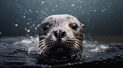 Fototapeta premium Portrait of a very cute young seal looking at you with his big dark eyes from the water of a pool