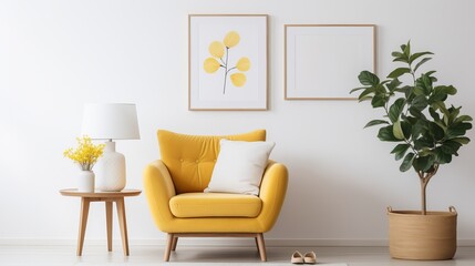 Stylish composition of living room interior with design rattan armchair, two mock up poster frames, plants, cube, palid and personal accessories in honey yellow home decor. Template
