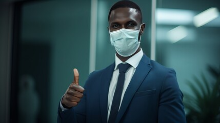 Successful Covid-19 Vaccination Concept. Vaccinated Black Man Gesturing Thumb Up And Showing Arm With Adhesive Bandage After Vaccine Injection, Posing Sitting At Clinic Hospital, Blurred Background - obrazy, fototapety, plakaty