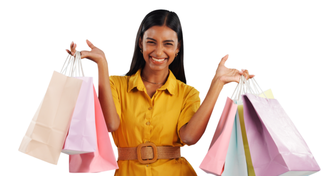 Portrait, happy and woman with shopping bags for sale, discount or mall promotion on isolated, transparent or png background. Retail, face and excited female customer with boutique, product or gift - Powered by Adobe