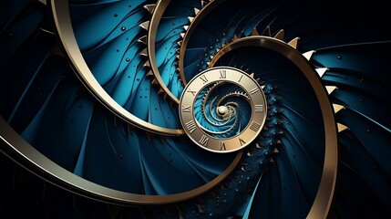 Time spiral clock concept. Round blue diamond golden clock with hands twisted to surreal spiral. Abstract watch background with twisted ribbed dial