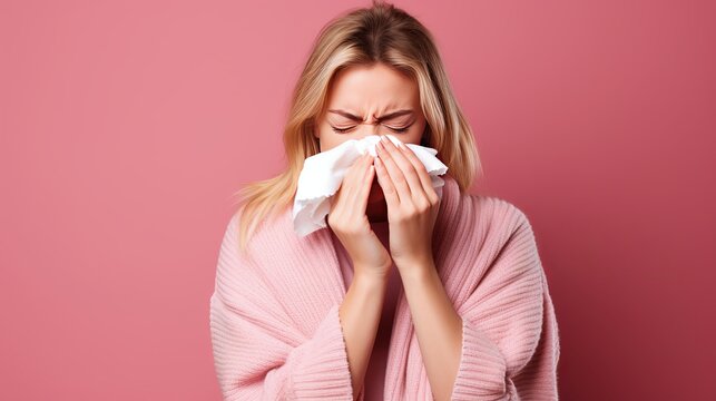 Virus outbreak, flu epidemic. Sick woman wrapped in scarf sneezing in napkin, cleaning running nose and coughing, suffering influenza symptoms, fever. indoor studio shot isolated on pink background
