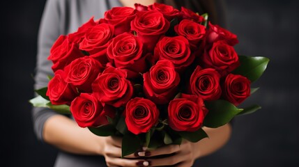 Woman holding luxury bouquet of fresh red roses on light background, closeup