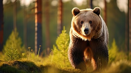 Obraz premium Wild Brown Bear (Ursus Arctos) on meadow. The background is a forest. A wild animal in its natural habitat. Wildlife scenery.