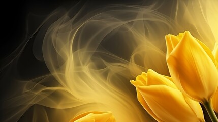 Yellow tulips. Floral background. Flowers in curls of smoke. Close-up. Nature