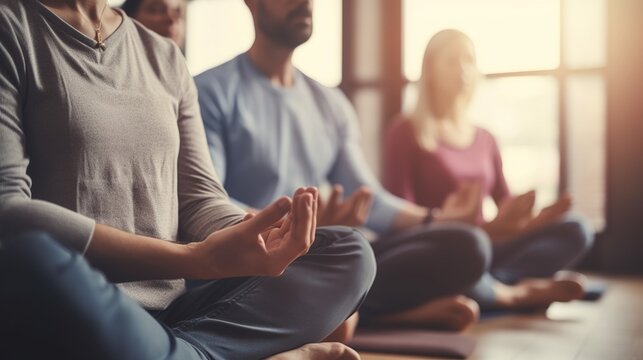 Yoga, relax or hands of business people in office for mental health, wellness or breathing exercise together. Startup team, mindset closeup or calm employees in lotus pose meditation for zen peace