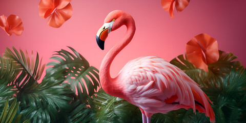 A flamingo is in front of a blue background with palm leaves 