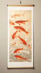 Japanese Ukiyo-e wood block print with gold leaf of goldfish swimming from overhead on a scroll hanging on a wall