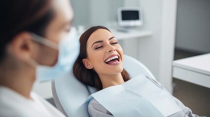 Young smiling woman having her teeth checked by dentist during appointment at dental clinic - obrazy, fototapety, plakaty