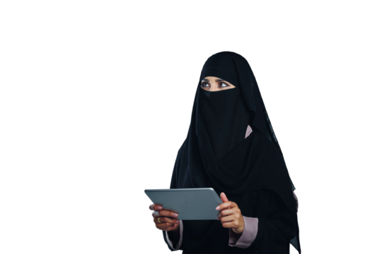 Woman, muslim and thinking with tablet or internet with technology or isolated, transparent or png background. Female person, burka and connectivity in Dubai for web decision, research or browsing