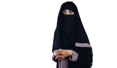 Muslim, woman and portrait with niqab or confidence for corporate career, startup and human resource agency. Business, person and islamic entrepreneur or pride isolated on png transparent background