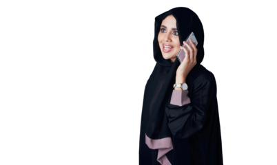 Happy woman, muslim and phone call with hijab in fashion or tradition for communication on a transparent PNG background. Islamic female person or Arab with smile on mobile smartphone for conversation