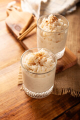 Rice pudding. Sweet dish made by cooking rice in milk and sugar, some recipes include cinnamon, vanilla or other ingredients, it is a very easy dessert recipe and very popular all over the world.