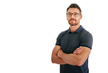 Mature man, arms crossed and glasses in portrait, vision and confident with professional on png...