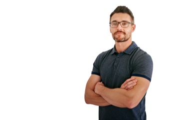 Mature man, arms crossed and glasses in portrait, vision and confident with professional on png transparent background. Entrepreneur, pride and boss from Canada in eyewear, casual outfit and tshirt