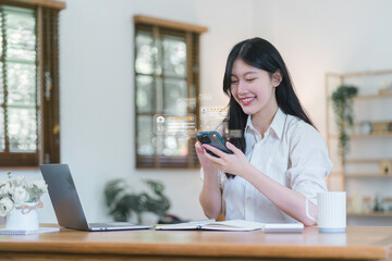Smiling young Asian woman using smartphone amidst work, engaging with digital feedback and rating system.