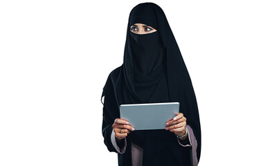 Woman, muslim and burka with tablet or thinking for online technology or isolated, transparent or...