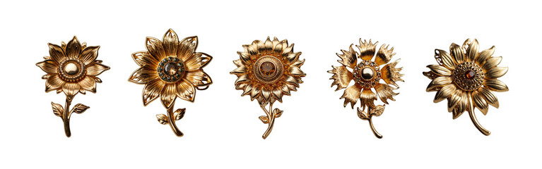 Fototapeta premium 4 Old fashioned sunflower brooch made of gold with intricate design set against a transparent background