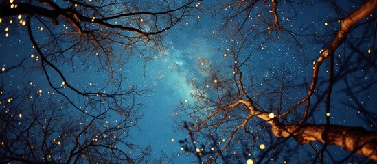 Serenity of a surreal night sky with twinkling stars and silhouetted trees
