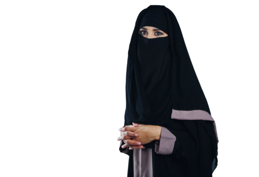 Islam, woman and portrait with niqab or confidence for corporate career, startup and human resource agency. Business, person and muslim entrepreneur or pride isolated on a png transparent background