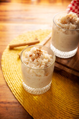 Rice pudding. Sweet dish made by cooking rice in milk and sugar, some recipes include cinnamon, vanilla or other ingredients, it is a very easy dessert recipe and very popular all over the world.