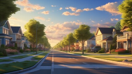 Fototapeta na wymiar A peaceful residential neighborhood with houses bathed in the soft light of sunset, creating a tranquil atmosphere as the day comes to an end.