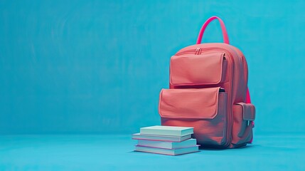 Full school backpack with books isolated on blue background with copy space. Back to School...