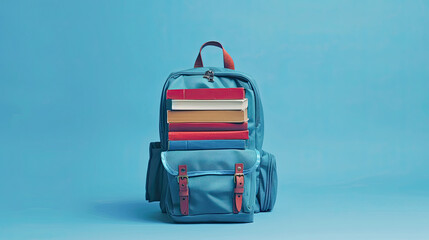 Full school backpack with books isolated on blue background with copy space. Back to School...