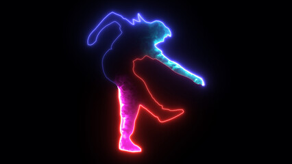 Practices yoga. Glowing neon silhouettes of man yoga poses isolated on black background. Women practice meditation and stretching. Yoga complex. Healthy lifestyle