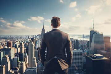 Businessman overlooking cityscape, visionary leader