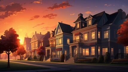 A row of townhouses in the evening light, with each one glowing warmly from within, as the sun sets behind them, painting the sky in brilliant hues.
