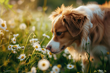 Dog walking in the meadow with camomiles and sniffing flowers, springtime